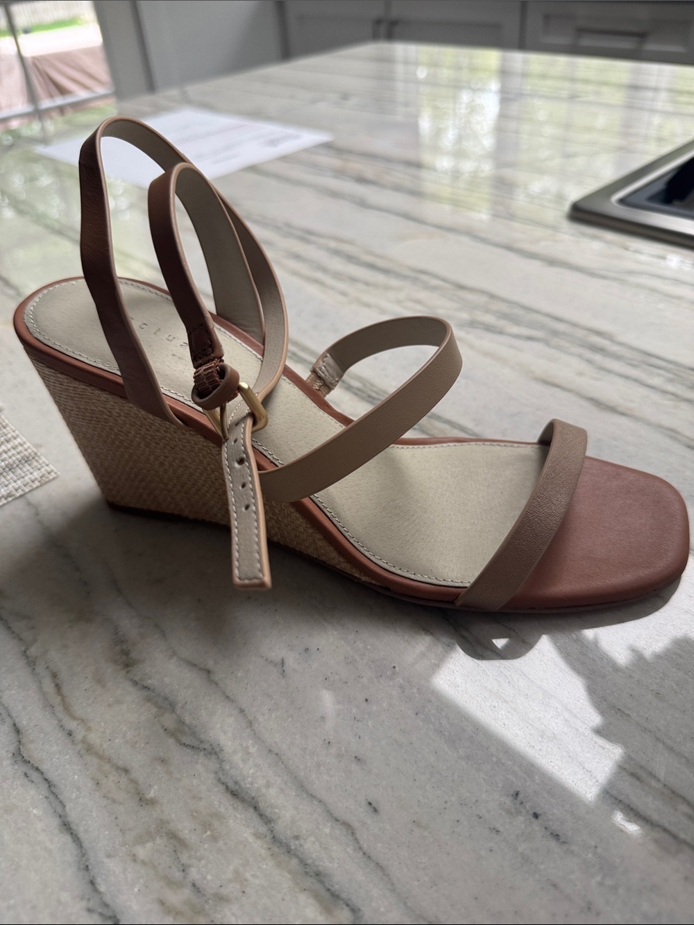 Sanctuary Tan and Brown Strappy Wedge Sandals . New leather in box.